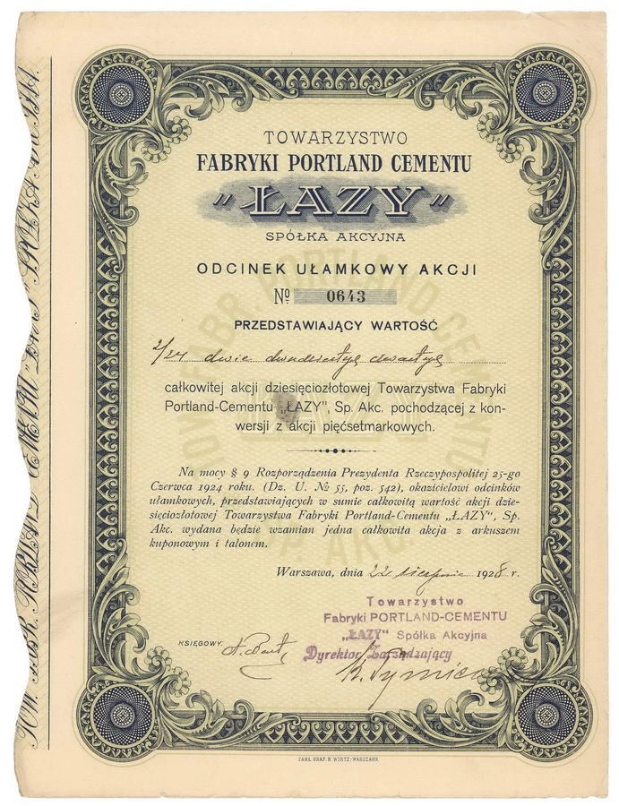 Zdjęcie akcji Towarzystwo Fabryki Portland Cementu "Łazy" Spółka Akcyjna