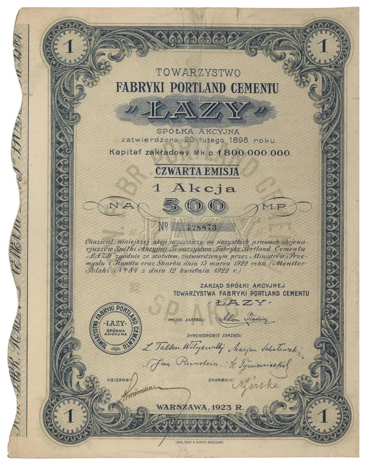 Zdjęcie akcji Towarzystwo Fabryki Portland Cementu "Łazy" Spółka Akcyjna