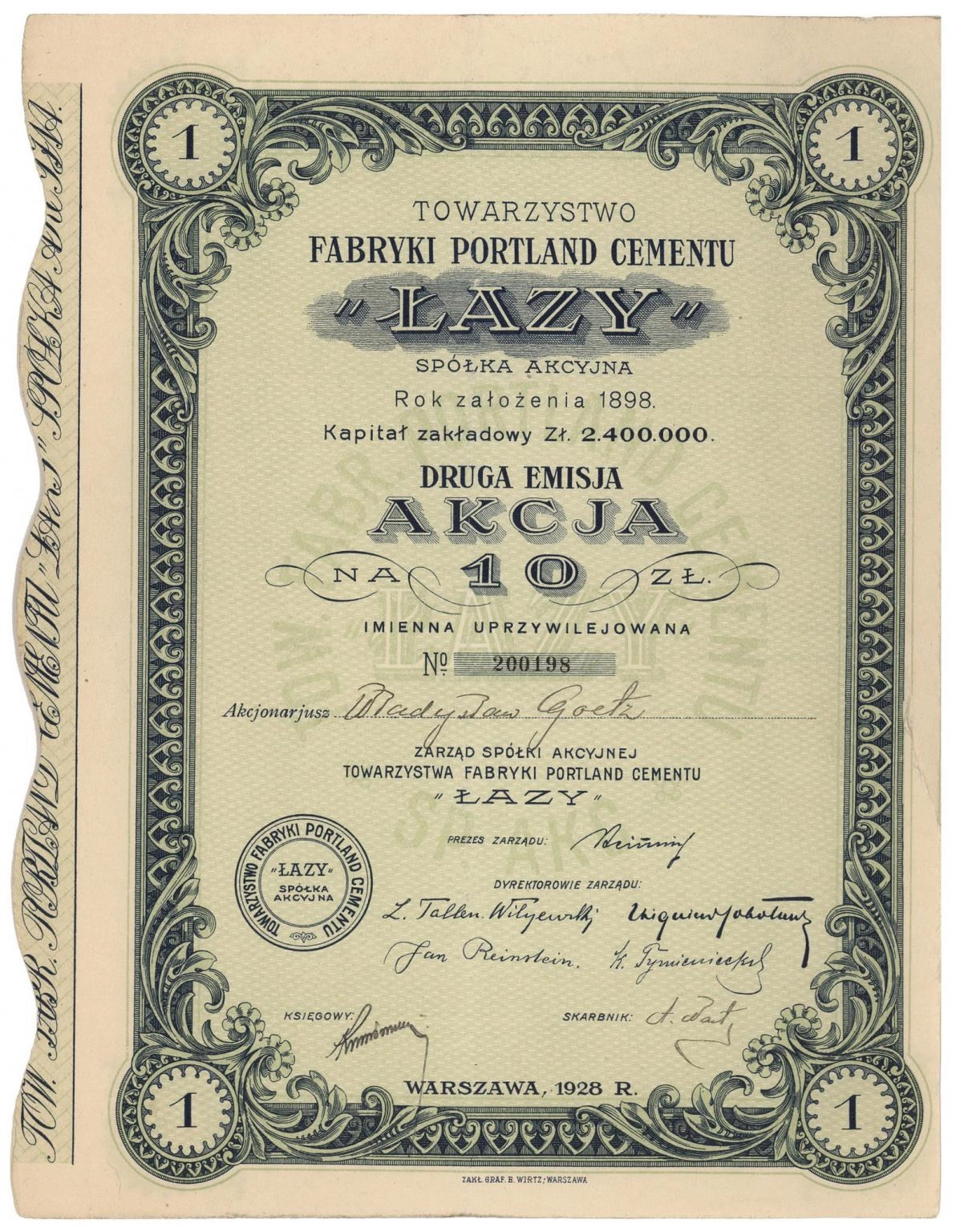 Zdjęcie akcji Towarzystwo Fabryki Portland Cementu "Łazy" Spółka Akcyjna