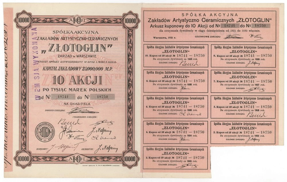 Zdjęcie akcji Spółka Akcyjna Zakładów Artystyczno-Ceramicznych "Złotoglin"