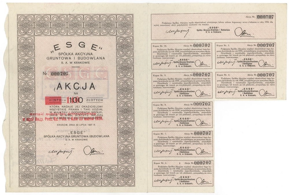 Zdjęcie akcji "Esge" Spółka Akcyjna Gruntowa i Budowlana w Krakowie