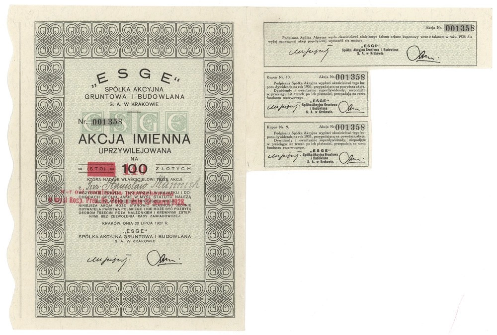 Zdjęcie akcji "Esge" Spółka Akcyjna Gruntowa i Budowlana w Krakowie