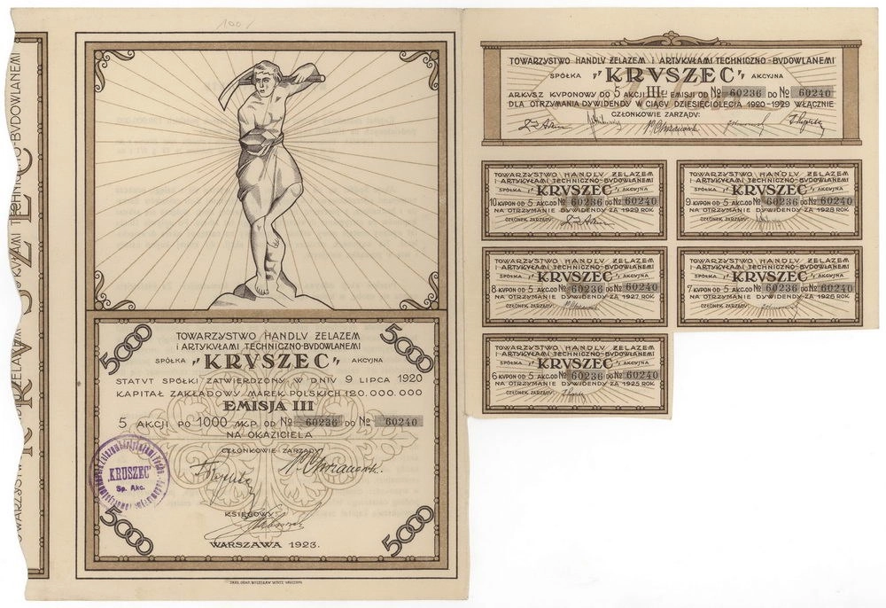 Zdjęcie akcji Towarzystwo Handlu Żelazem i Artykułami Techniczno-Budowlanymi "Kruszec" Spółka Akcyjna