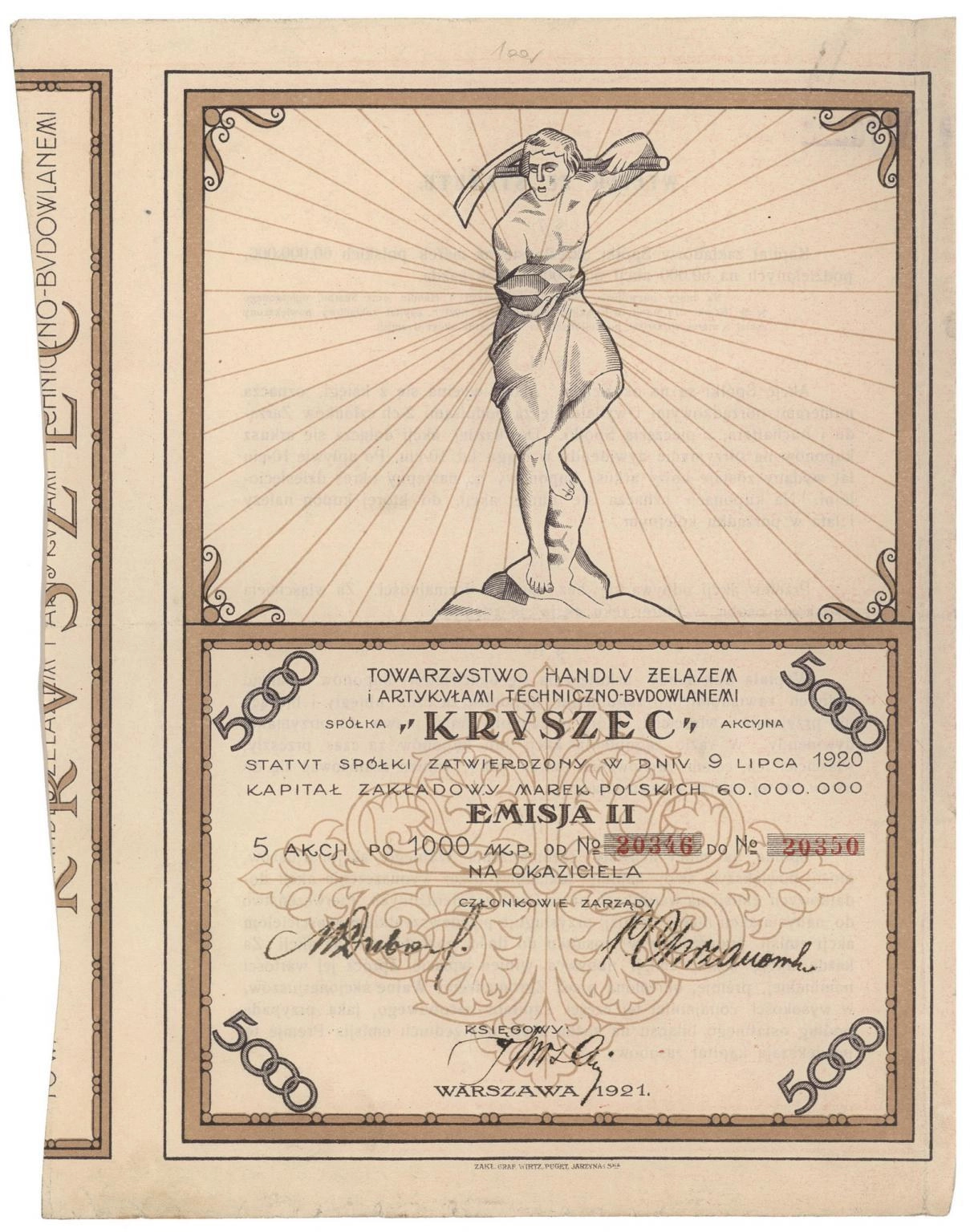 Zdjęcie akcji Towarzystwo Handlu Żelazem i Artykułami Techniczno-Budowlanymi "Kruszec" Spółka Akcyjna