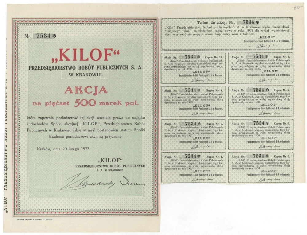 Zdjęcie akcji "Kilof" Przedsiębiorstwo Robót Publicznych Spółka Akcyjna w Krakowie