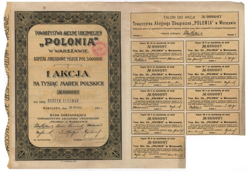 Zdjęcie akcji Towarzystwo Akcyjne Ubezpieczeń "Polonia" w Warszawie