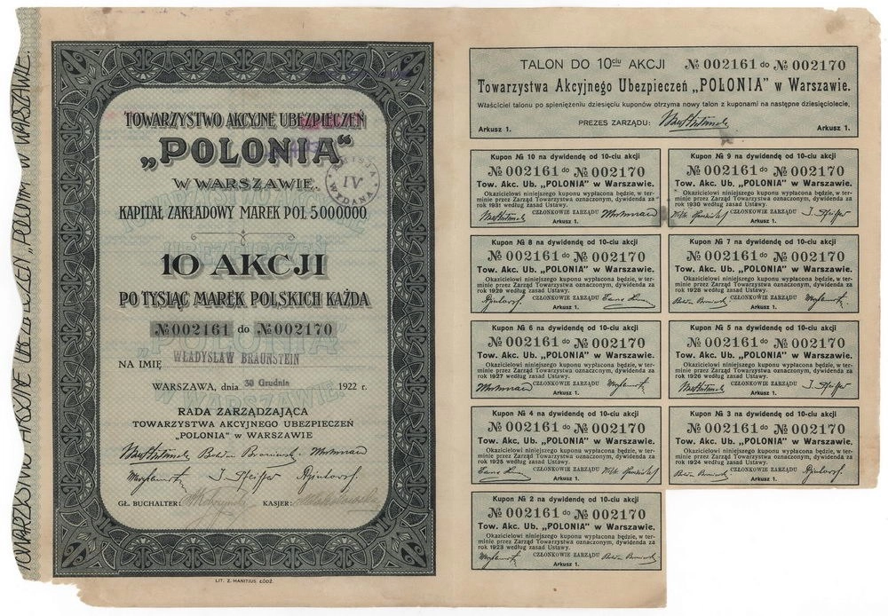 Zdjęcie akcji Towarzystwo Akcyjne Ubezpieczeń "Polonia" w Warszawie