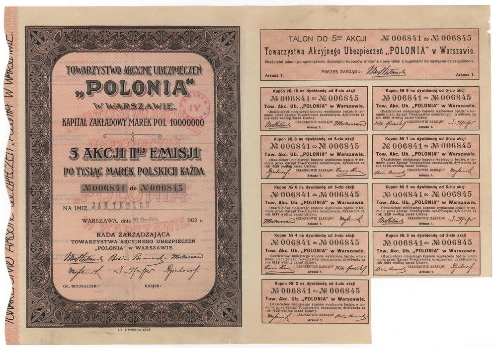 Zdjęcie akcji Towarzystwo Akcyjne Ubezpieczeń "Polonia" w Warszawie