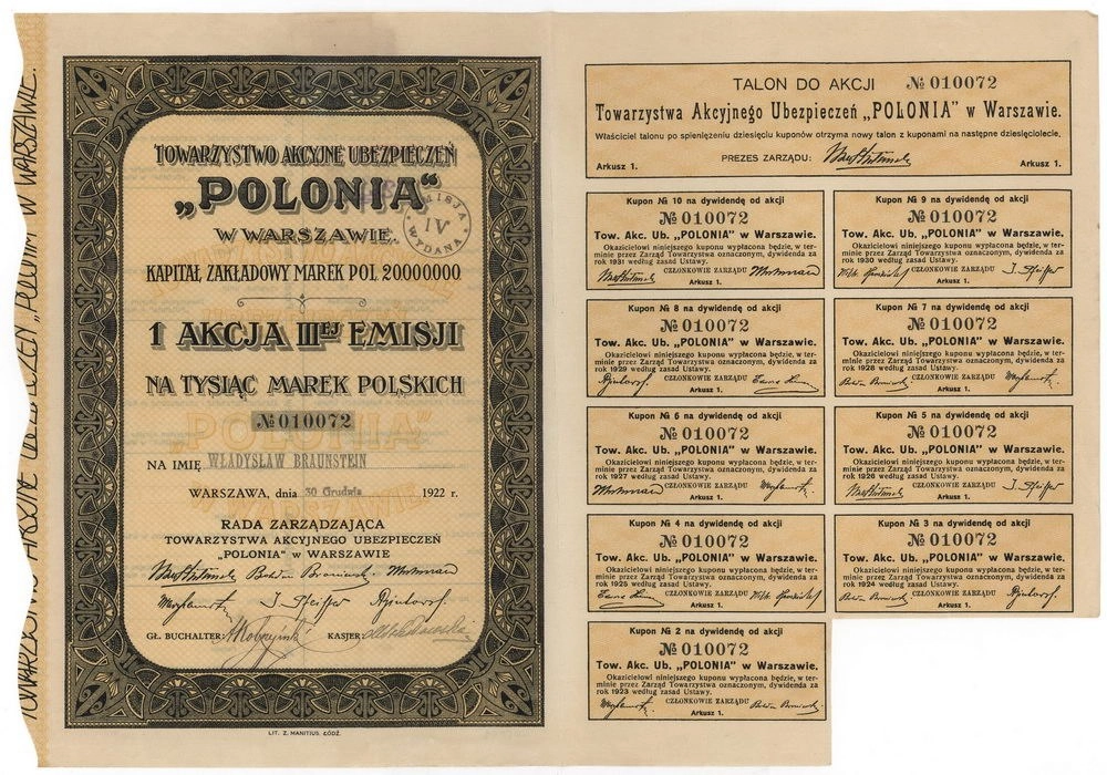 Zdjęcie akcji Towarzystwo Akcyjne Ubezpieczeń "Polonia" w Warszawie