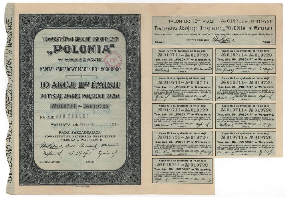 Zdjęcie akcji Towarzystwo Akcyjne Ubezpieczeń "Polonia" w Warszawie