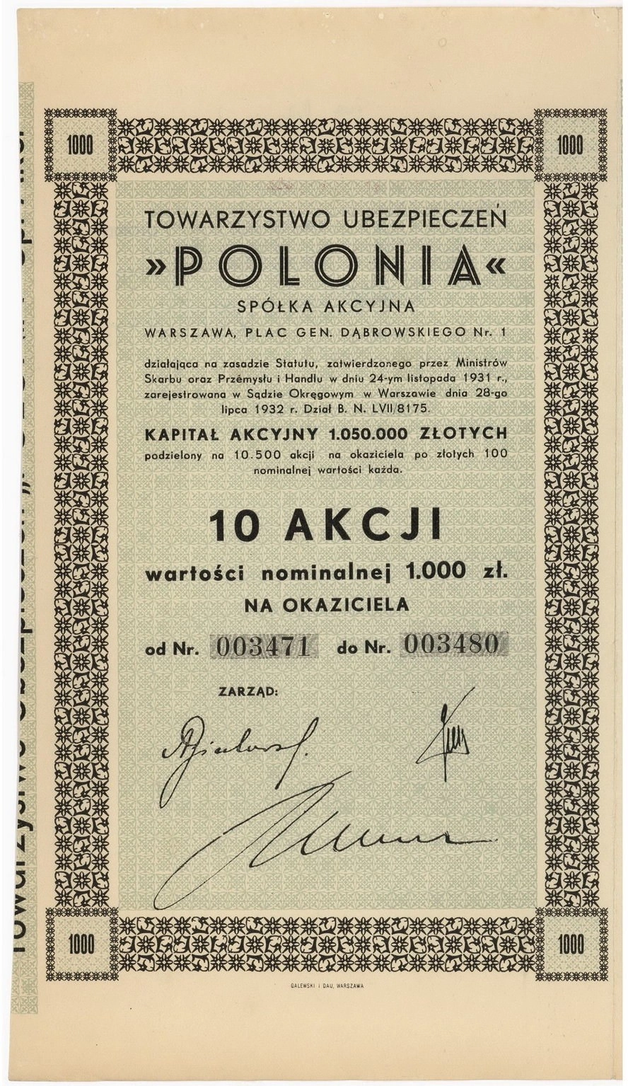 Zdjęcie akcji Towarzystwo Ubezpieczeń "Polonia" Spółka Akcyjna
