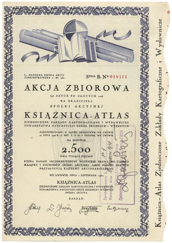 Zdjęcie akcji "Książnica-Atlas" Zjednoczone Zakłady Kartograficzne i Wydawnicze Towarzystwa Nauczycieli Szkół Średnich i Wyższych Spółka Akcyjna