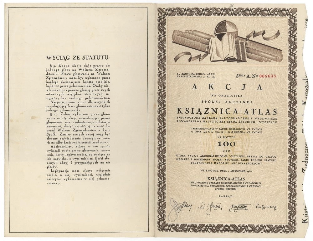 Zdjęcie akcji "Książnica-Atlas" Zjednoczone Zakłady Kartograficzne i Wydawnicze Towarzystwa Nauczycieli Szkół Średnich i Wyższych Spółka Akcyjna