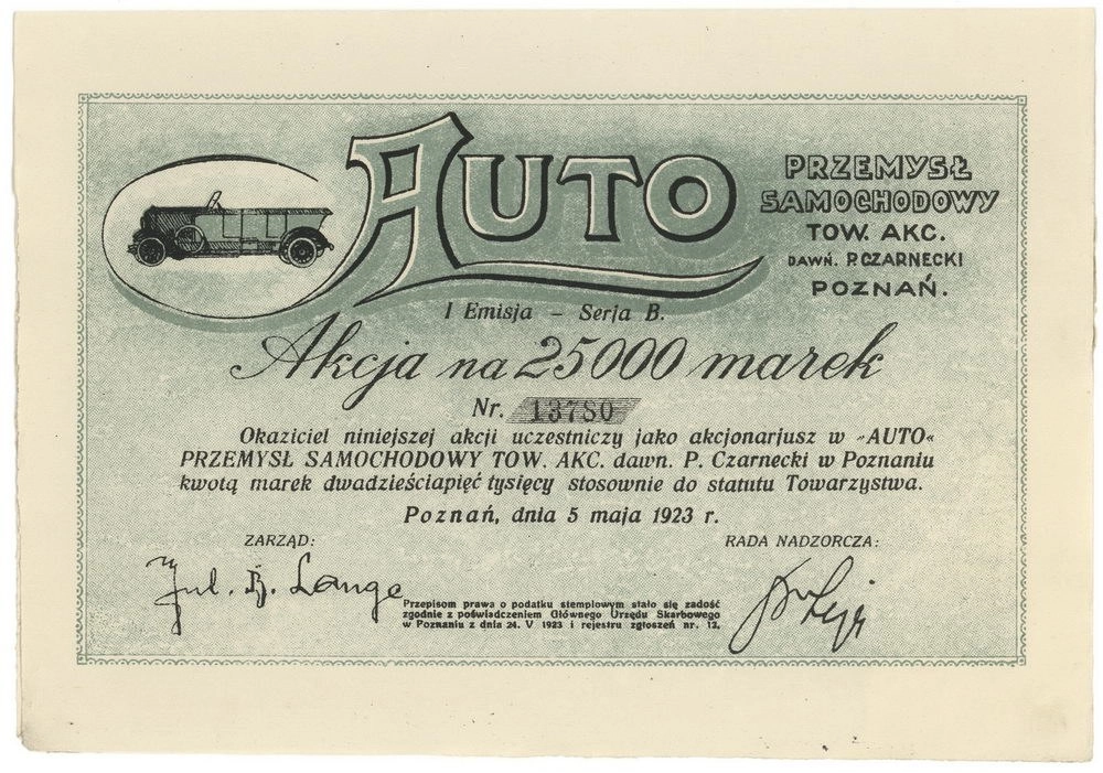Zdjęcie akcji "Auto" Przemysł Samochodowy Towarzystwo Akcyjne dawniej P. Czarnecki