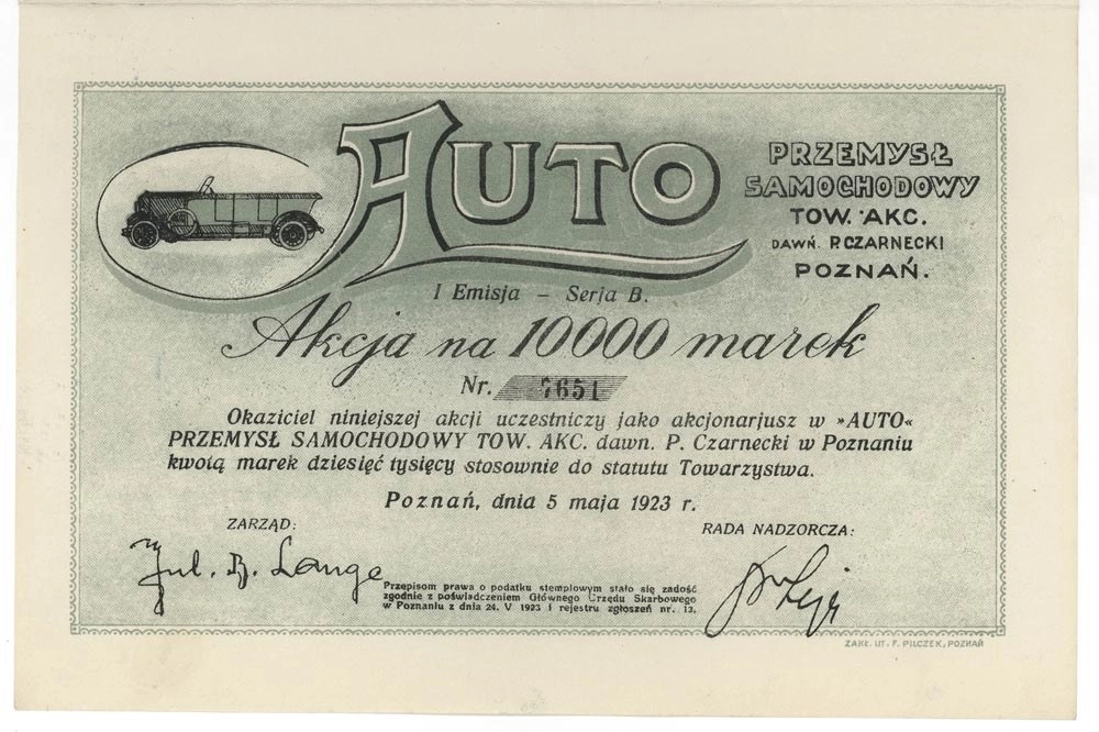 Zdjęcie akcji "Auto" Przemysł Samochodowy Towarzystwo Akcyjne dawniej P. Czarnecki