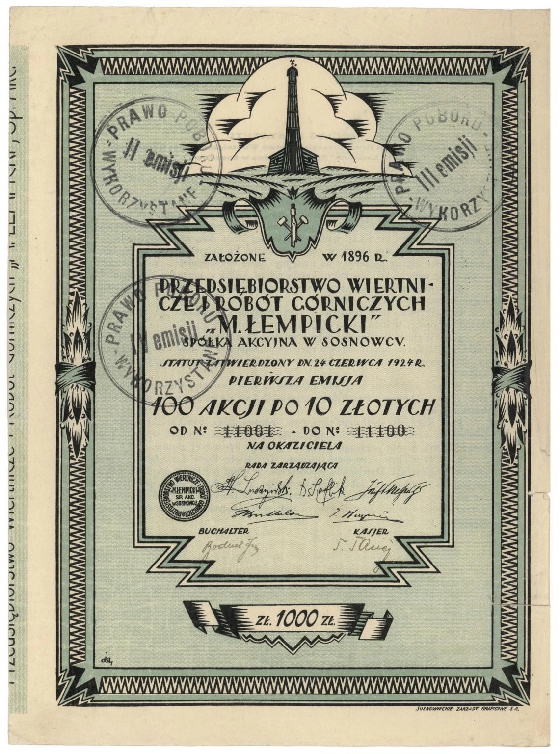 Zdjęcie akcji Przedsiębiorstwo Wiertnicze i Robót Górniczych "M. Łempicki" Spółka Akcyjna