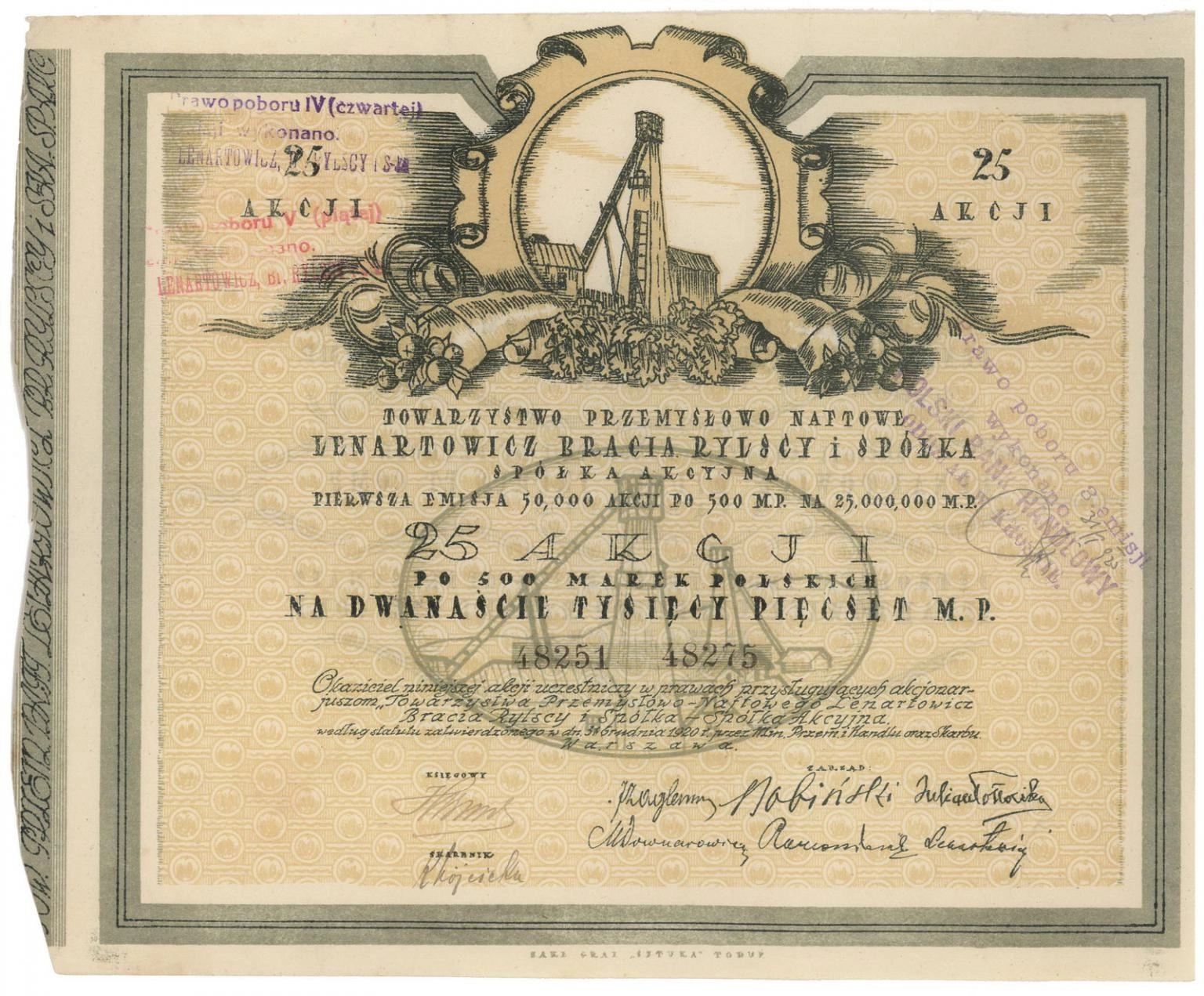 Zdjęcie akcji Towarzystwo Przemysłowo-Naftowe "Lenartowicz, Bracia Rylscy i Spółka" Spółka Akcyjna