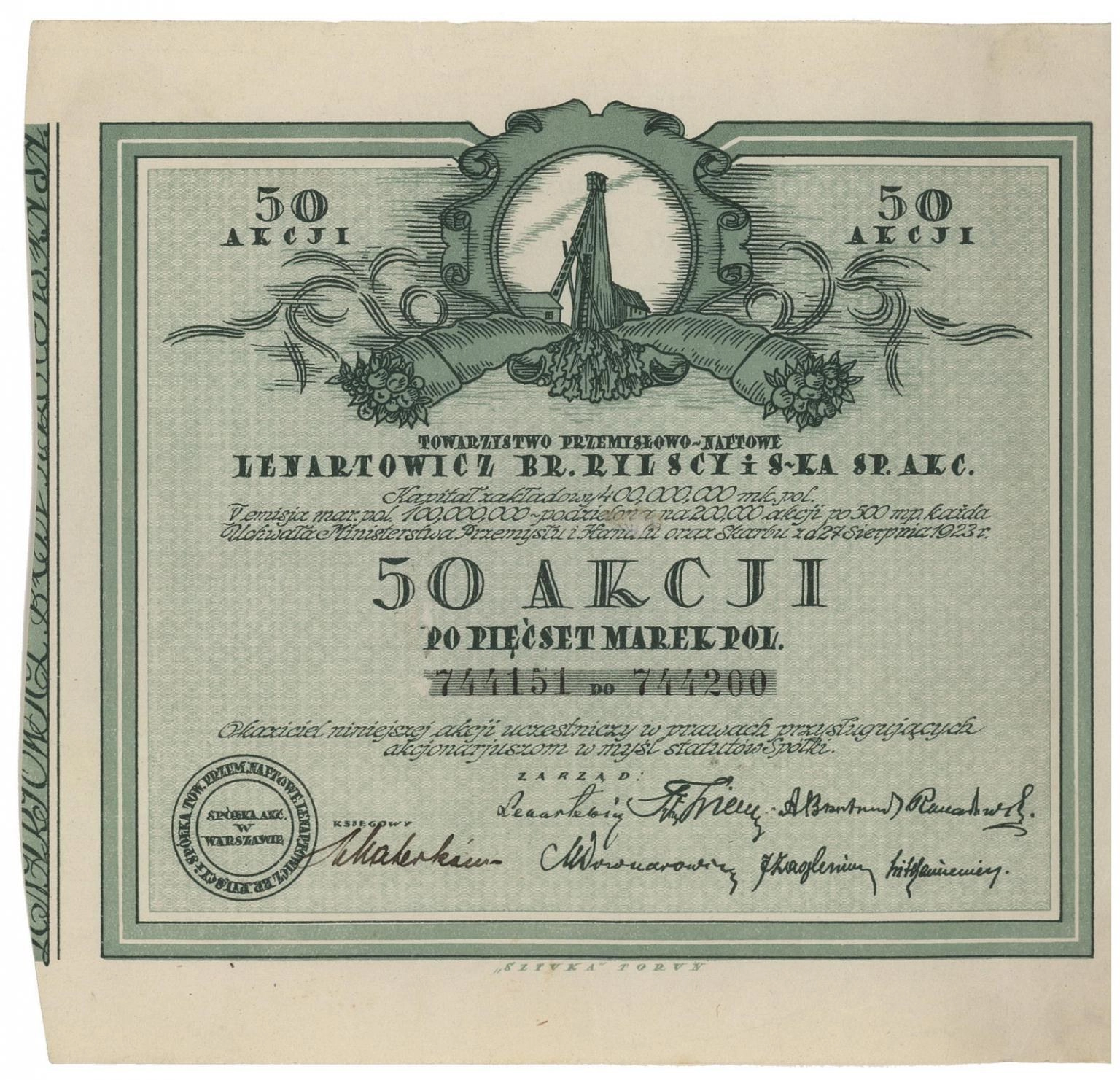 Zdjęcie akcji Towarzystwo Przemysłowo-Naftowe "Lenartowicz, Bracia Rylscy i Spółka" Spółka Akcyjna