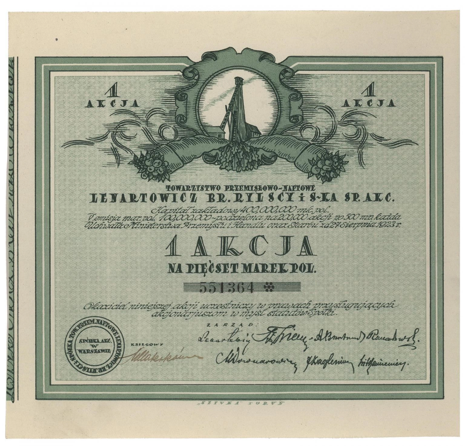 Zdjęcie akcji Towarzystwo Przemysłowo-Naftowe "Lenartowicz, Bracia Rylscy i Spółka" Spółka Akcyjna