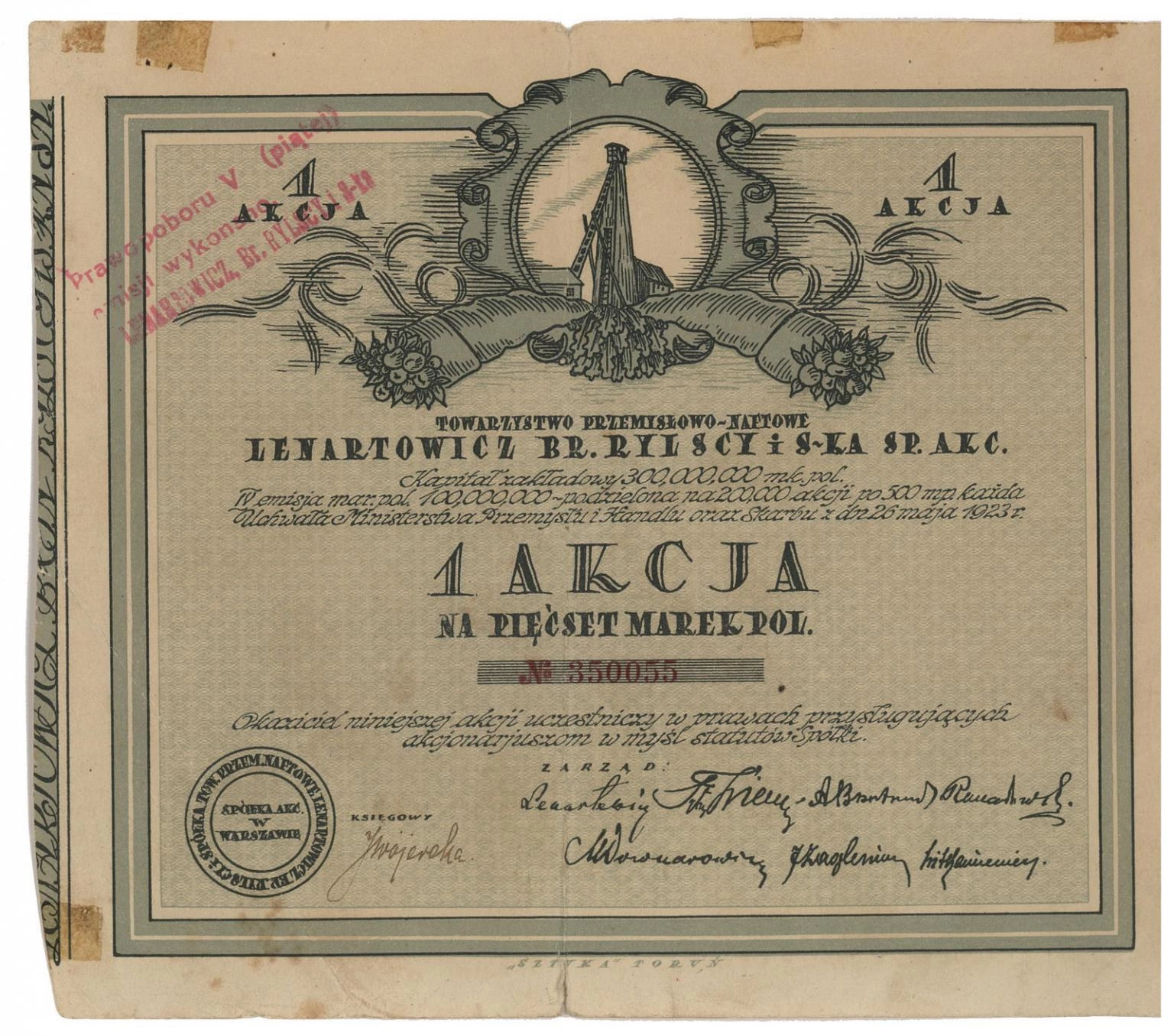Zdjęcie akcji Towarzystwo Przemysłowo-Naftowe "Lenartowicz, Bracia Rylscy i Spółka" Spółka Akcyjna
