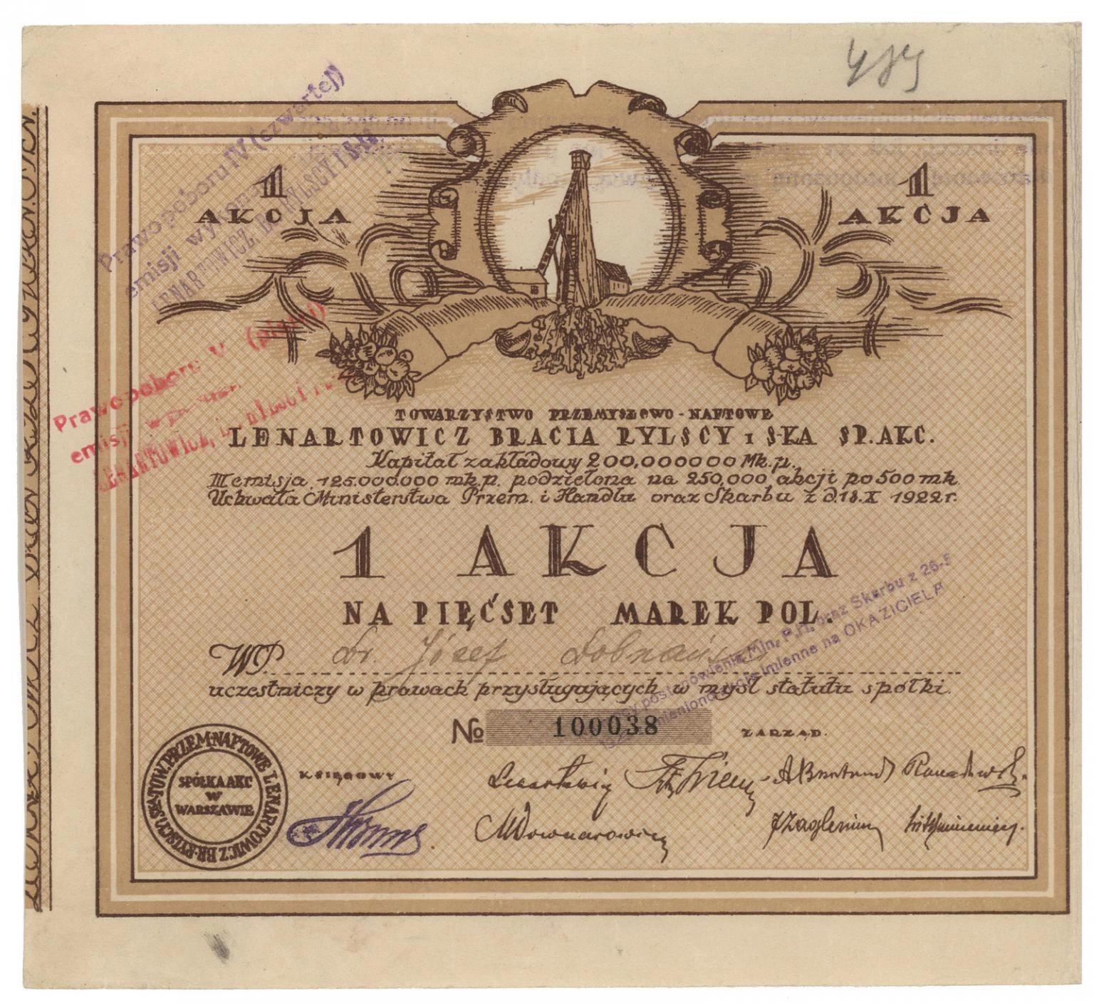 Zdjęcie akcji Towarzystwo Przemysłowo-Naftowe "Lenartowicz, Bracia Rylscy i Spółka" Spółka Akcyjna