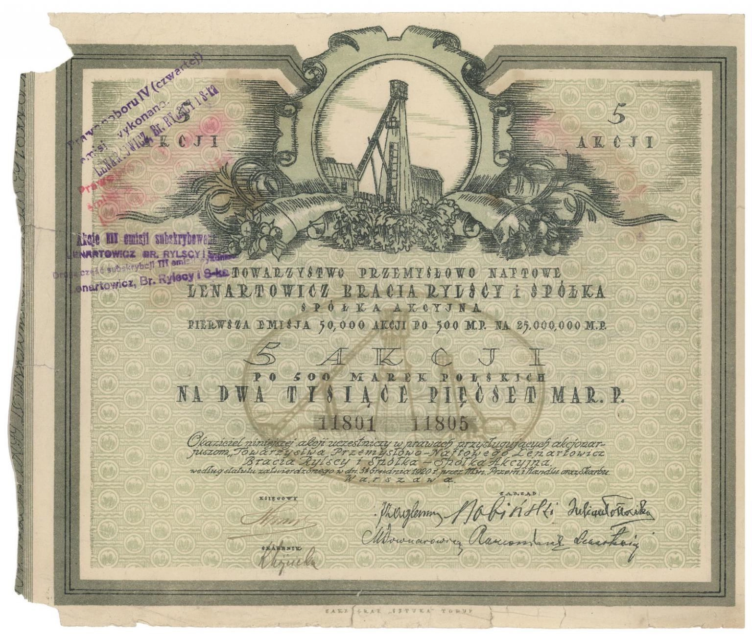 Zdjęcie akcji Towarzystwo Przemysłowo-Naftowe "Lenartowicz, Bracia Rylscy i Spółka" Spółka Akcyjna