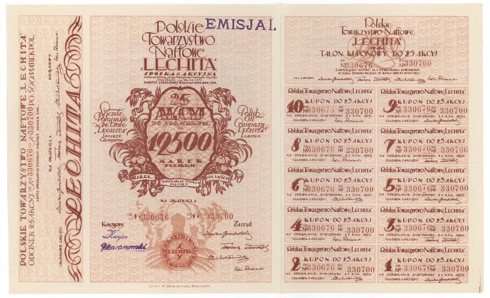 Zdjęcie akcji Polskie Towarzystwo Naftowe "Lechita" Spółka Akcyjna