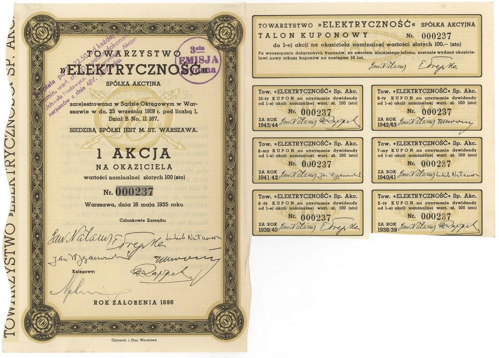 Zdjęcie akcji Towarzystwo "Elektryczność" Spółka Akcyjna