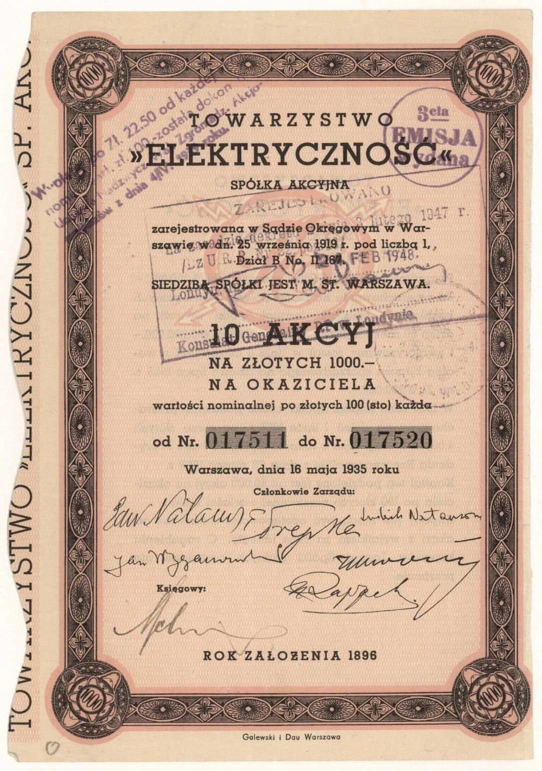 Zdjęcie akcji Towarzystwo "Elektryczność" Spółka Akcyjna