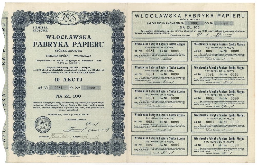 Zdjęcie akcji Włocławska Fabryka Papieru Spółka Akcyjna