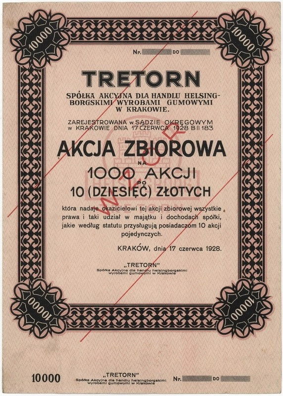 Zdjęcie akcji "Tretorn" Spółka Akcyjna dla Handlu Helsingborgskimi Wyrobami Gumowymi w Krakowie