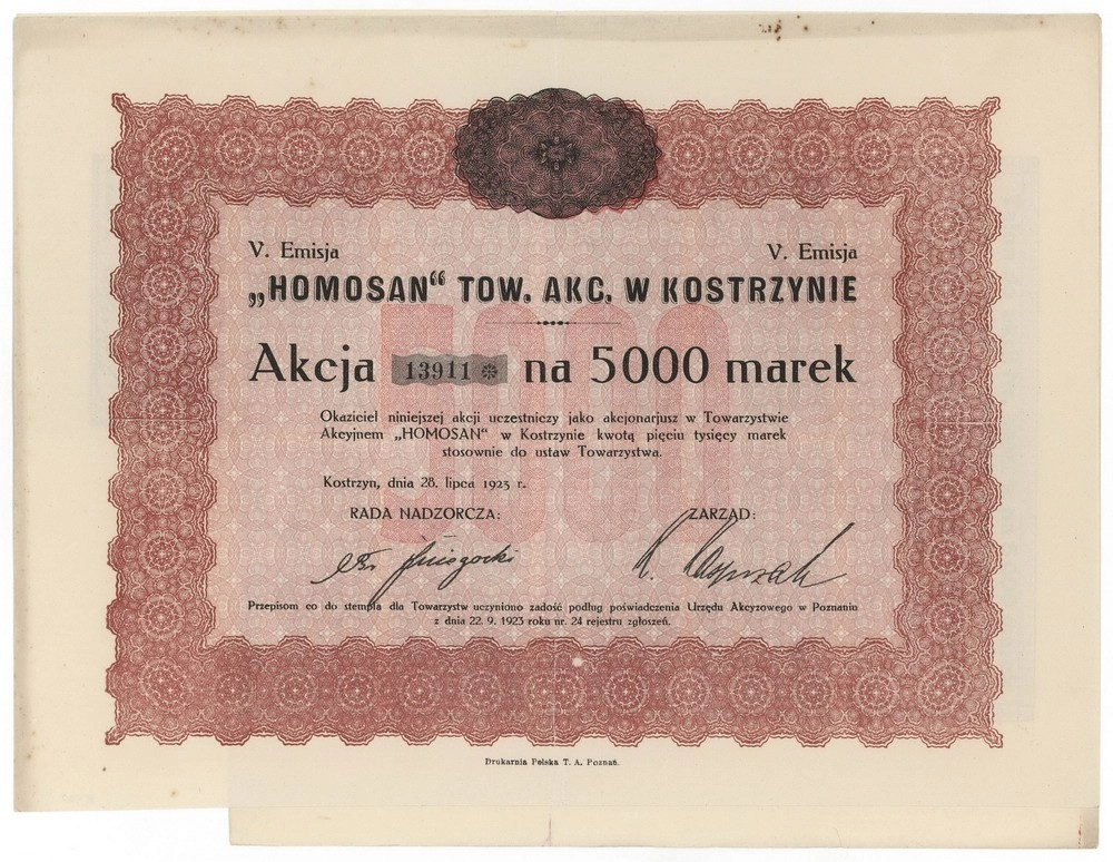 Zdjęcie akcji "Homosan" Towarzystwo Akcyjne w Kostrzynie