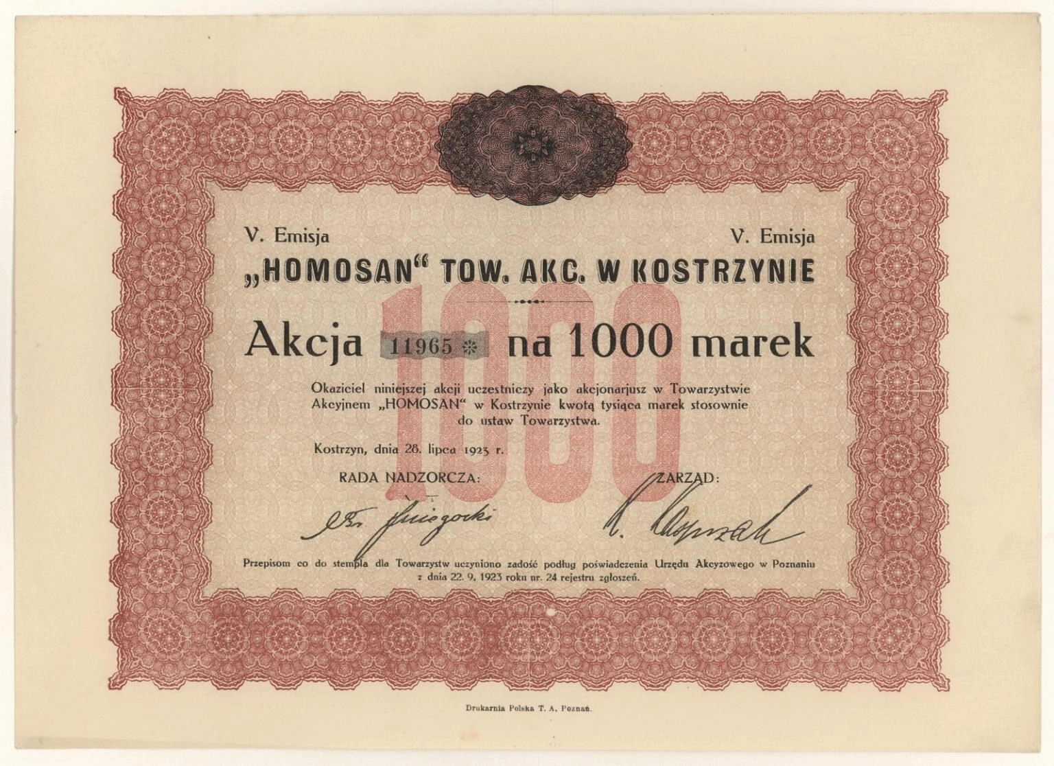 Zdjęcie akcji "Homosan" Towarzystwo Akcyjne w Kostrzynie