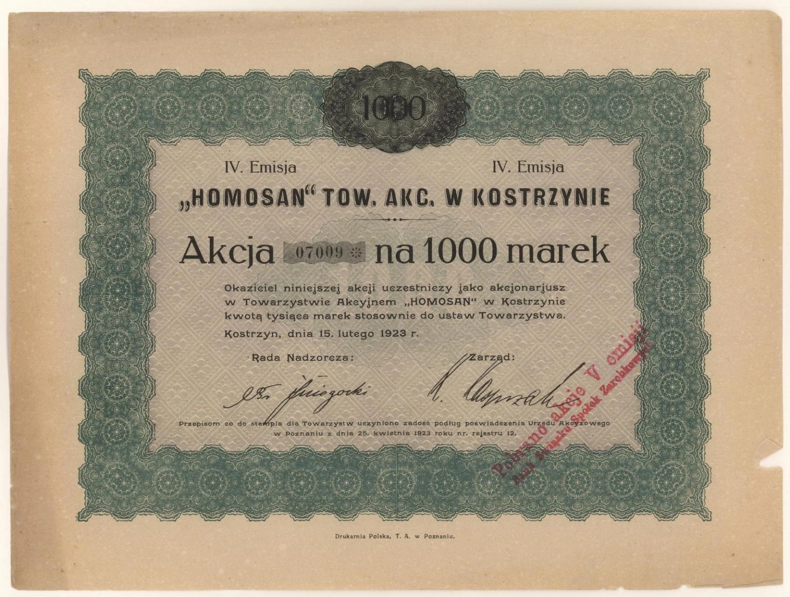 Zdjęcie akcji "Homosan" Towarzystwo Akcyjne w Kostrzynie