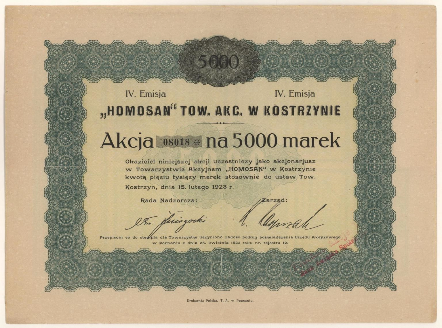 Zdjęcie akcji "Homosan" Towarzystwo Akcyjne w Kostrzynie