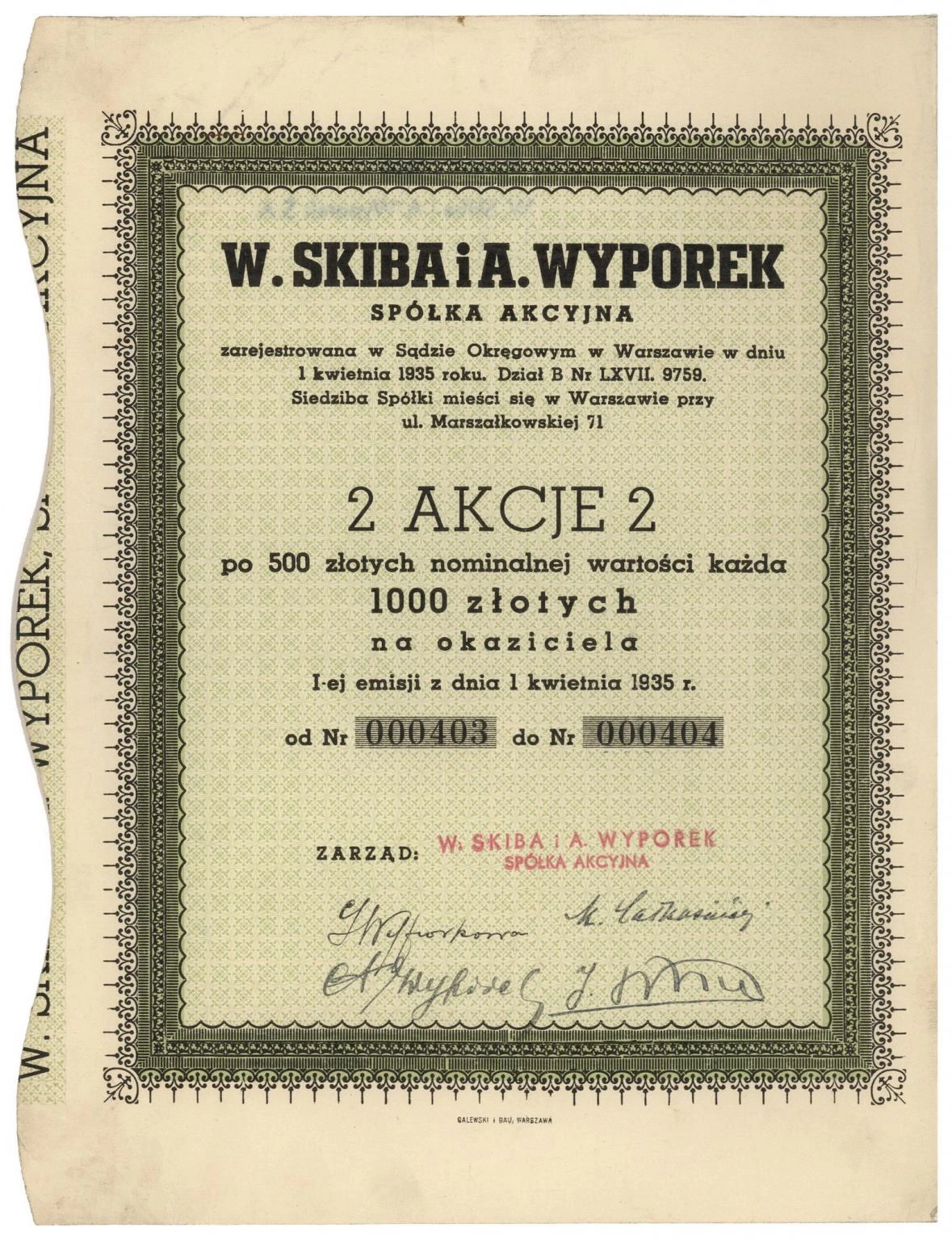 Zdjęcie akcji "W. Skiba i A. Wyporek" Spółka Akcyjna
