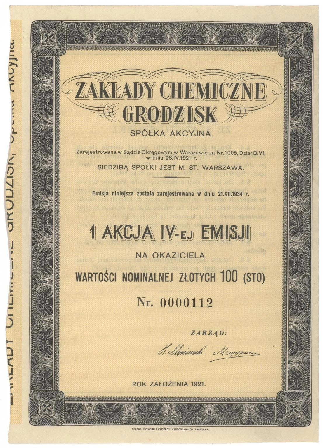 Zdjęcie akcji Zakłady Chemiczne "Grodzisk" Spółka Akcyjna