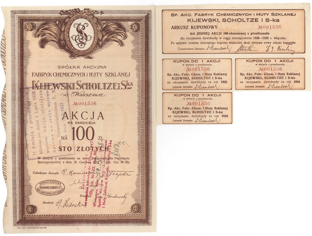 Zdjęcie akcji Fabryki Chemiczne i Huta Szklana "Kijewski, Scholtze i S-ka" Spółka Akcyjna w Warszawie