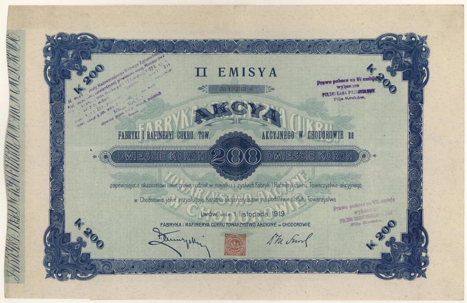 Zdjęcie akcji Fabryka i Rafineria Cukru Towarzystwo Akcyjne w Chodorowie