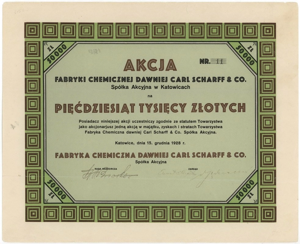 Zdjęcie akcji Fabryka Chemiczna dawniej Carl Scharff & Co Spółka Akcyjna
