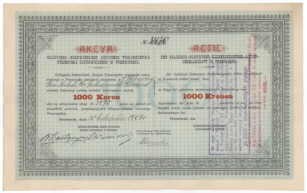 Zdjęcie akcji Galicyjsko-Bukowińskie Akcyjne Towarzystwo Przemysłu Cukrowniczego w Przeworsku