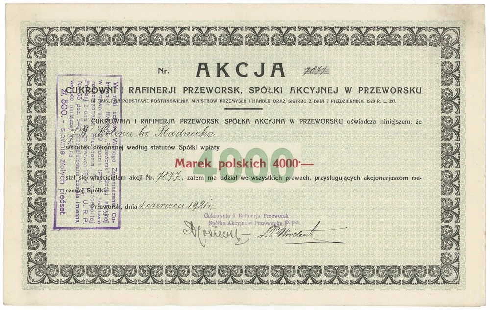 Zdjęcie akcji Cukrownia i Rafineria "Przeworsk" Spółka Akcyjna