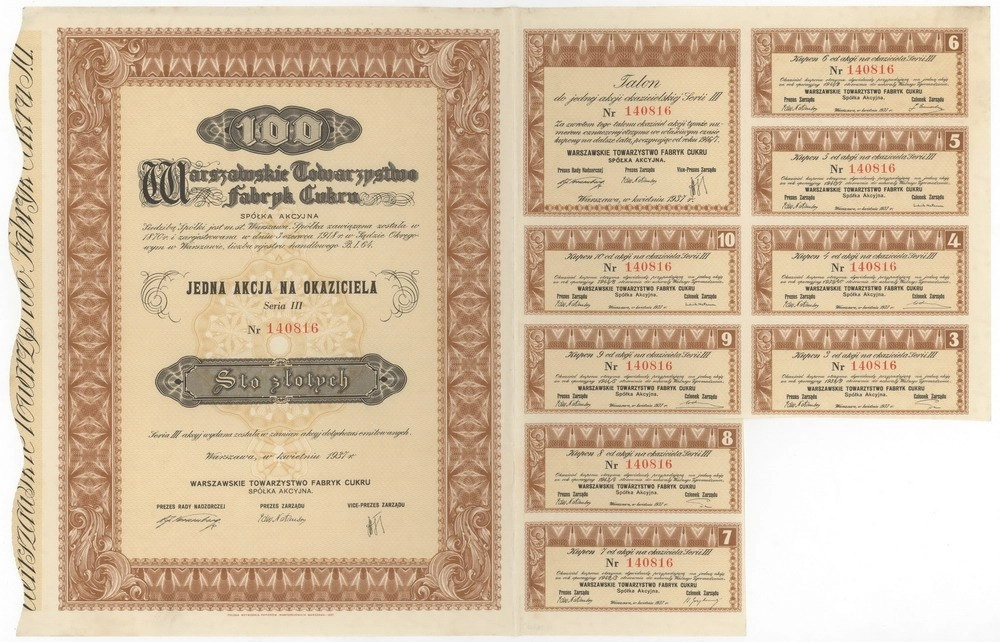 Zdjęcie akcji Warszawskie Towarzystwo Fabryk Cukru Spółka Akcyjna
