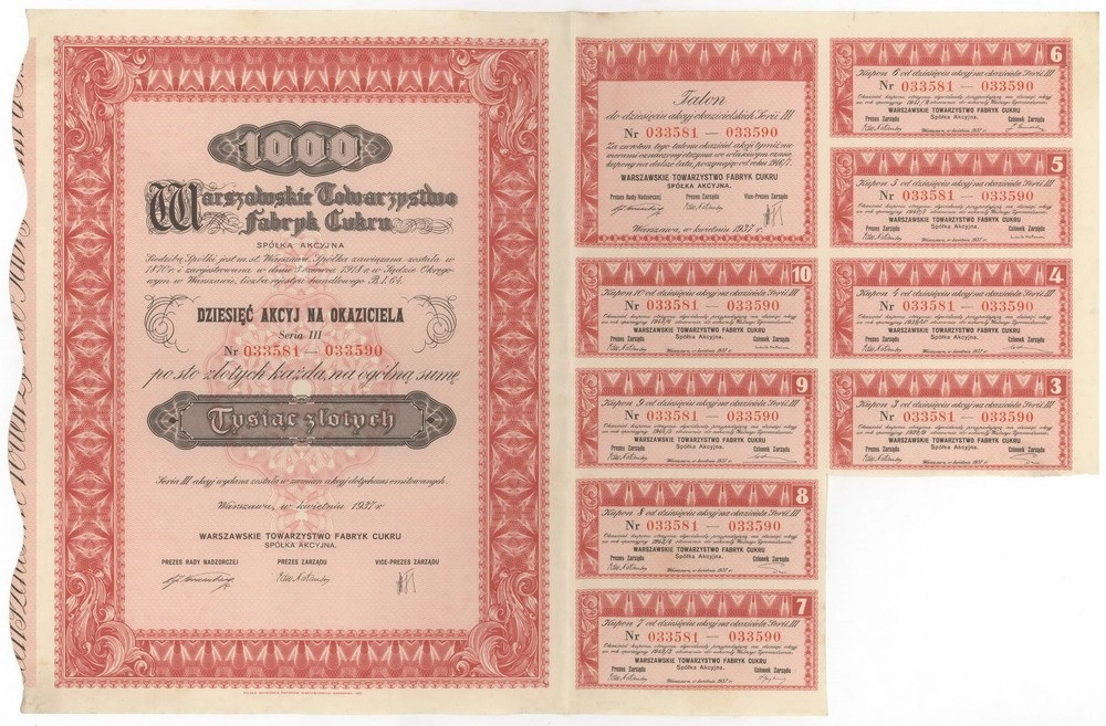 Zdjęcie akcji Warszawskie Towarzystwo Fabryk Cukru Spółka Akcyjna