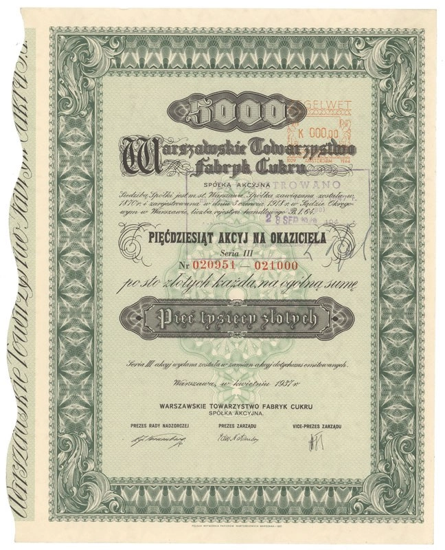 Zdjęcie akcji Warszawskie Towarzystwo Fabryk Cukru Spółka Akcyjna