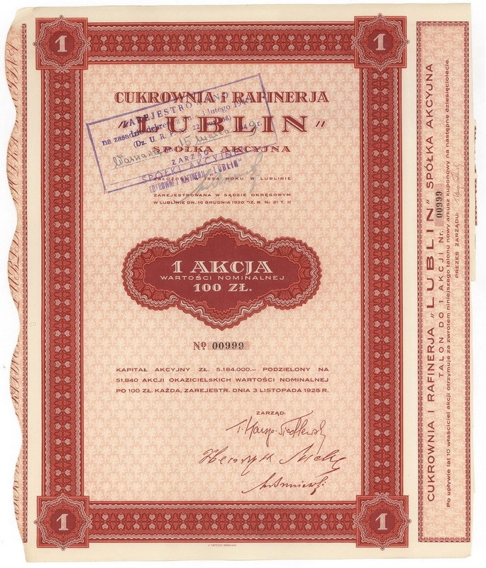 Zdjęcie akcji Cukrownia i Rafineria "Lublin" Spółka Akcyjna