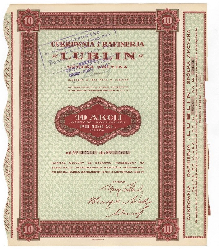 Zdjęcie akcji Cukrownia i Rafineria "Lublin" Spółka Akcyjna