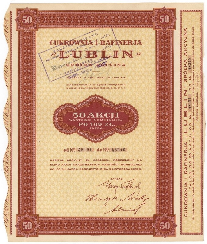 Zdjęcie akcji Cukrownia i Rafineria "Lublin" Spółka Akcyjna