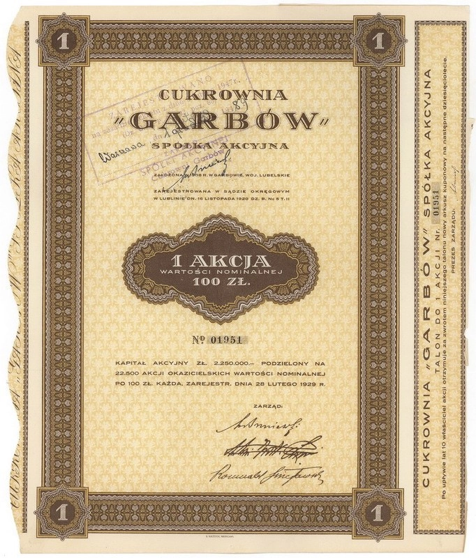 Zdjęcie akcji Cukrownia "Garbów" Spółka Akcyjna