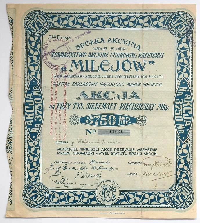 Zdjęcie akcji Cukrownia i Rafineria "Milejów" Spółka Akcyjna